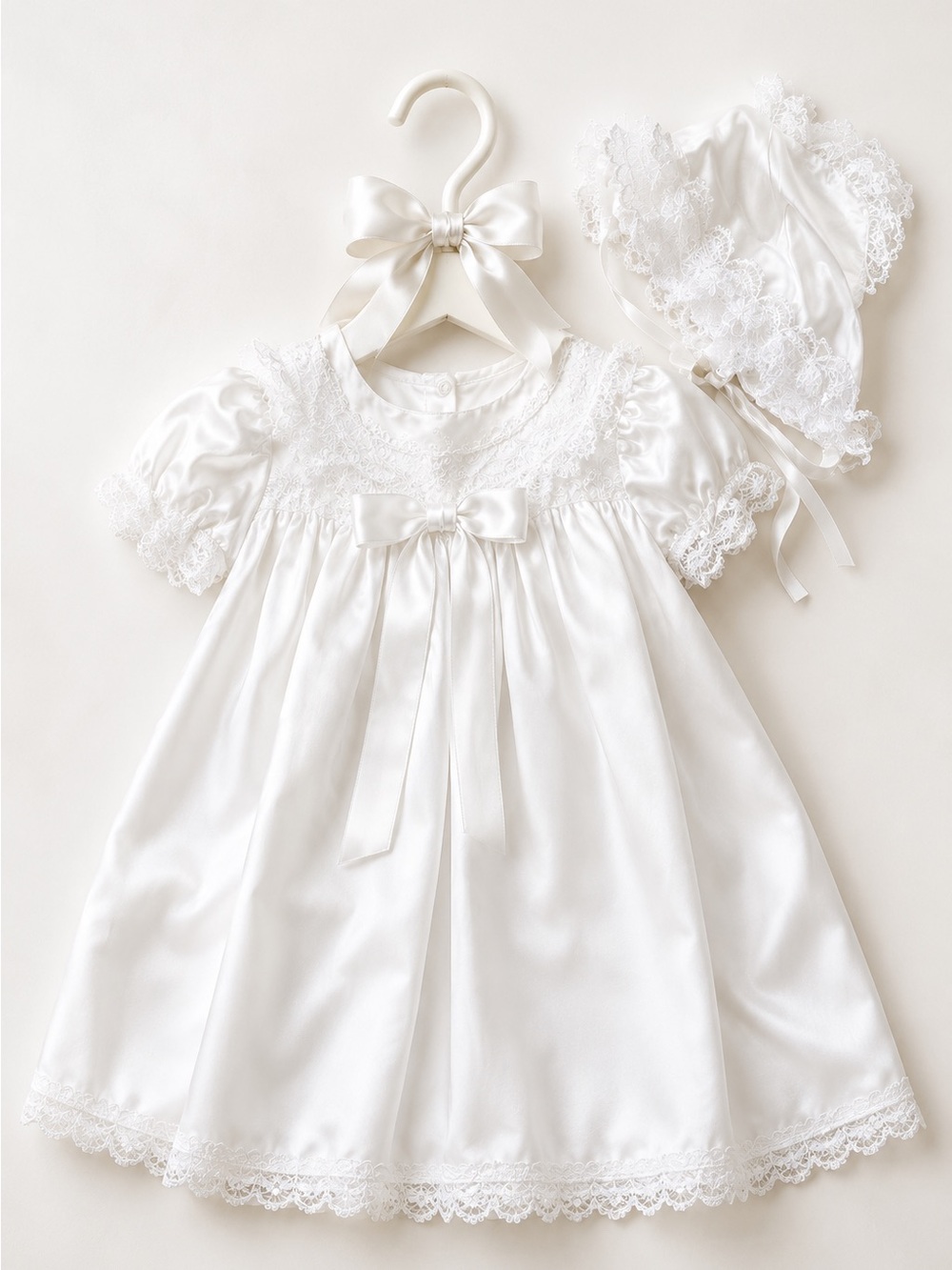 Vintage Stunning White Satin Lace Christening Herloim Dress with Bonnet RARE HTF